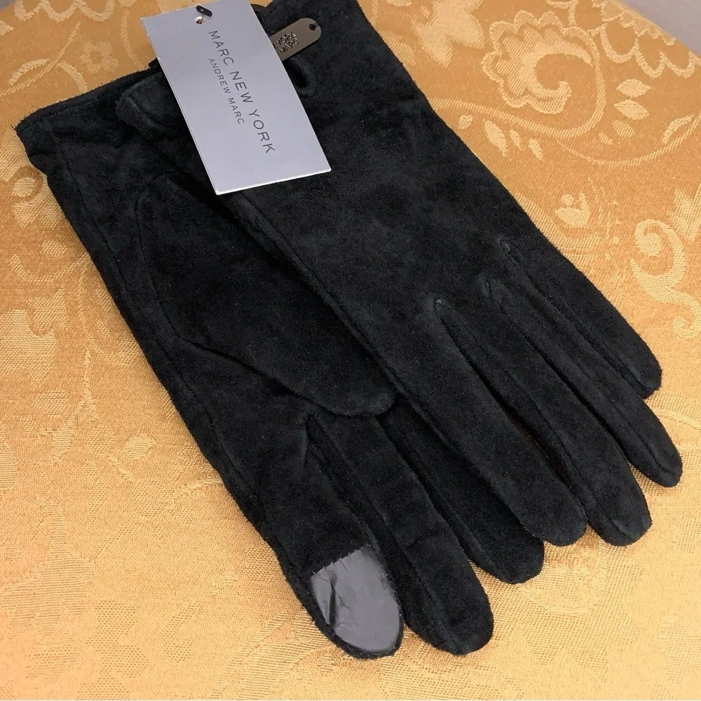 New Small Marc New York Black Leather Suede Gloves Womens Classic Luxury